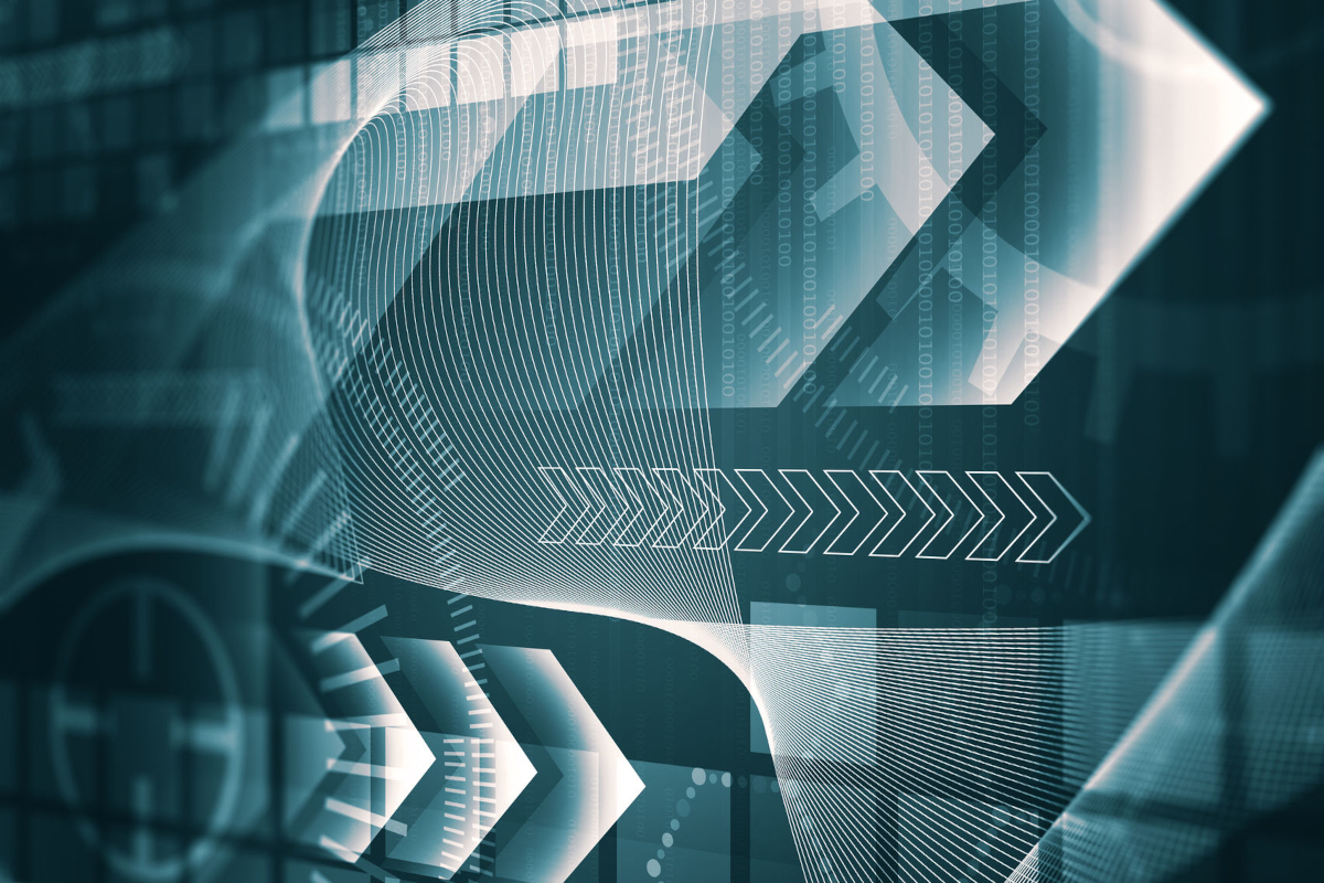 Abstract design with overlapping geometric shapes and arrows in soft blue tones, conveying a sense of movement and technology.