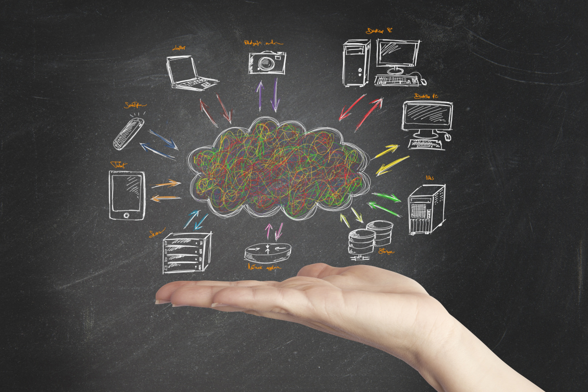 Hand holding a floating cloud connected to various technology items