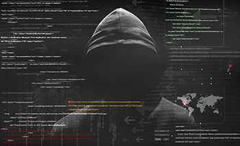 Cyber criminal in gray hoodie behind an array of scrolling code