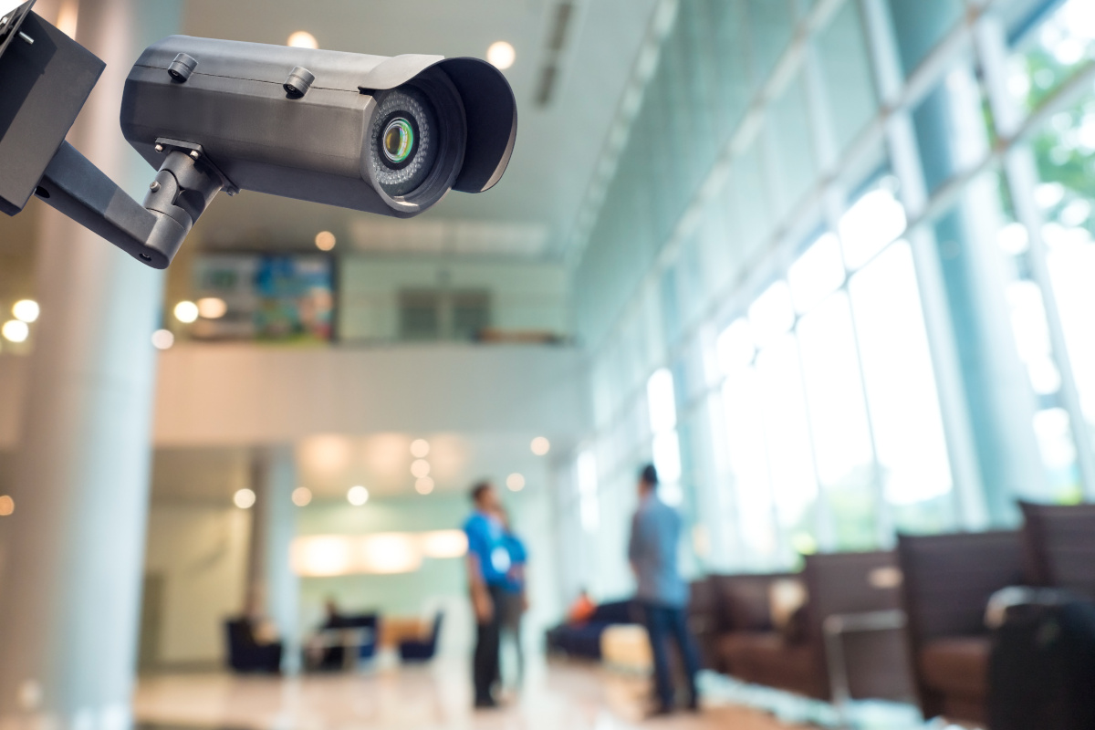 A surveillance camera on a wall