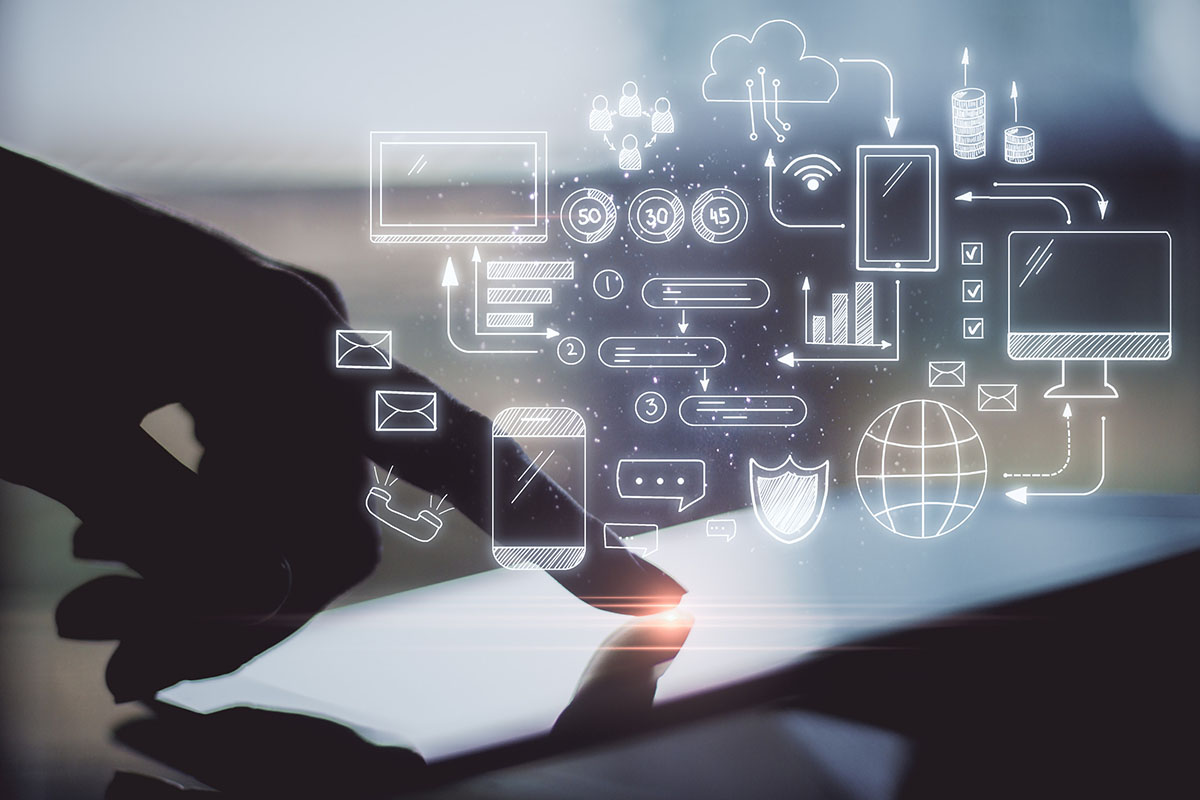 Silhouette of a finger against a touchscreen, with stylized icons in the foreground